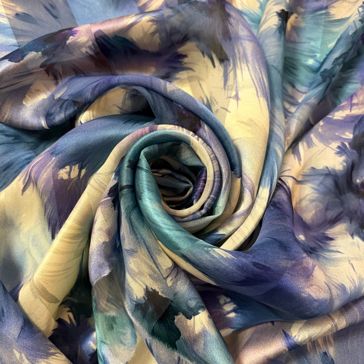 AISLING : Bande satin imprimé floral bleu ardoise et mauve sur fond ivoire