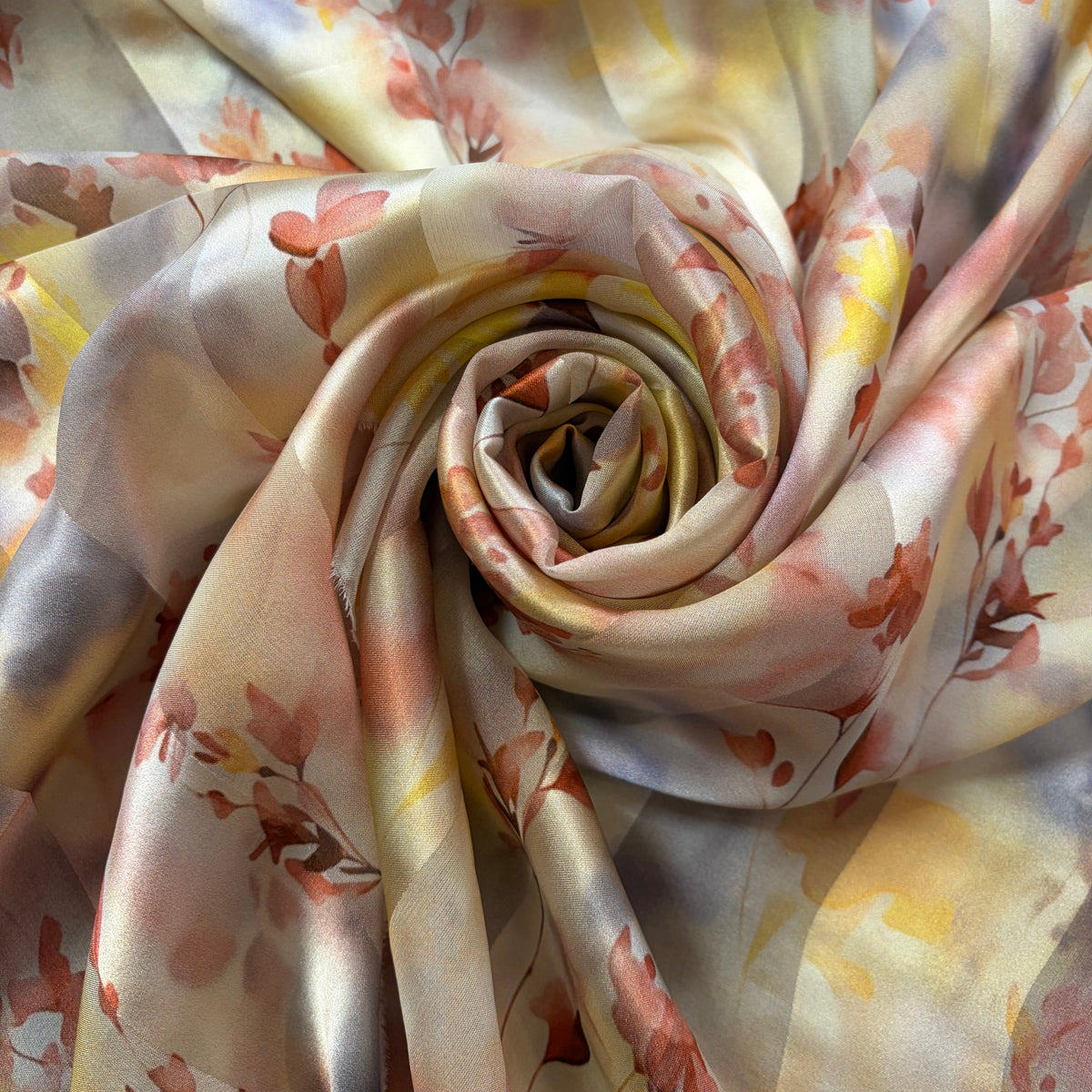TALYA : Bande satin imprimé floral terracotta, doré et gris bleuté