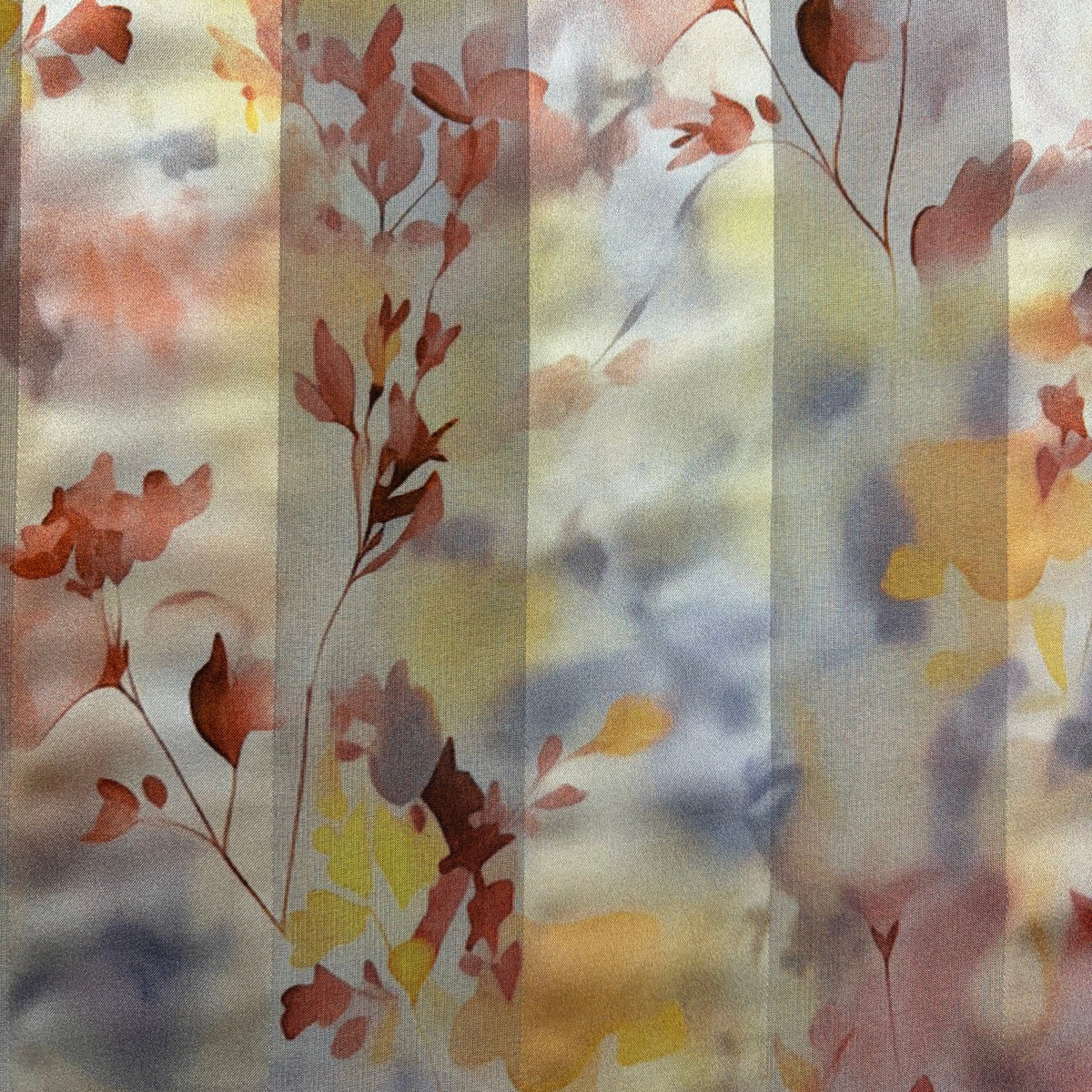 TALYA : Bande satin imprimé floral terracotta, doré et gris bleuté