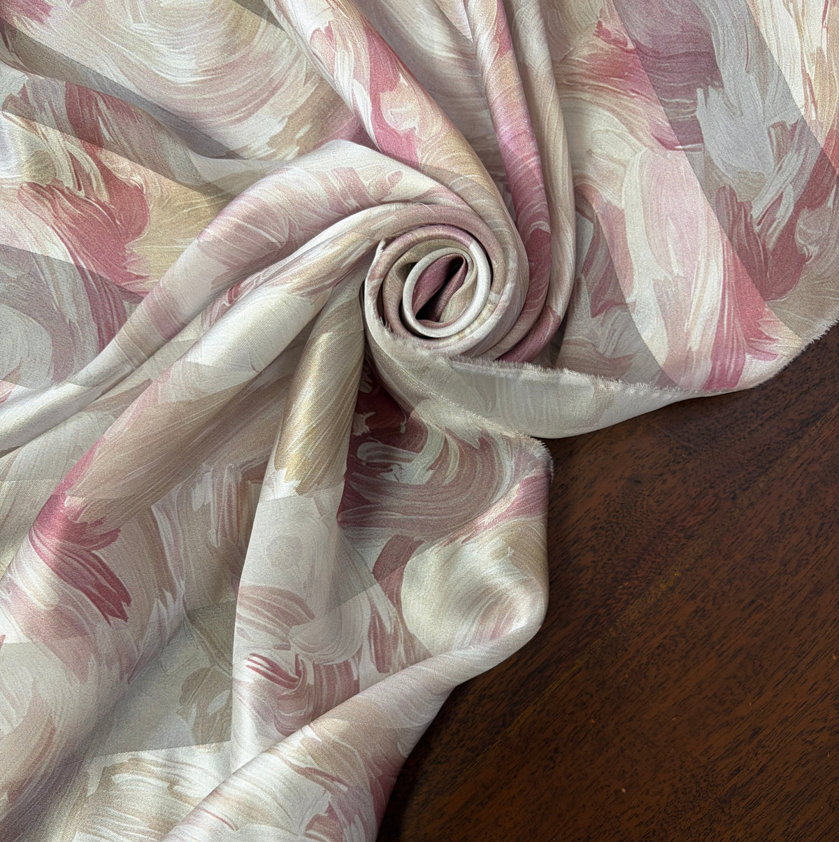 EUDORA : Bande satin imprimé artistique vieux rose, taupe et beige