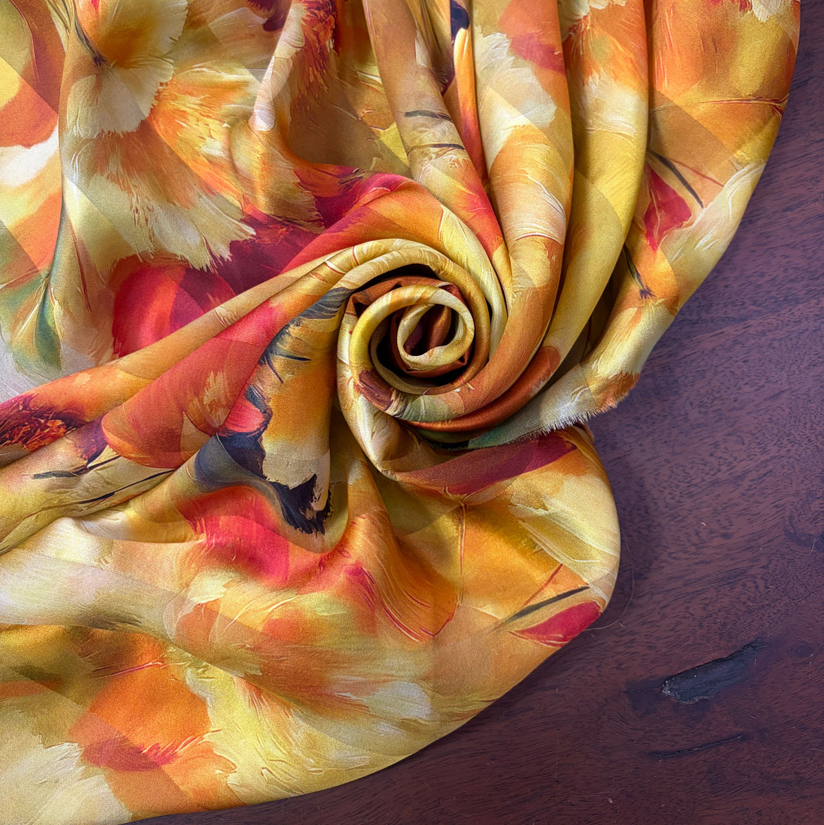 SUNDARI : Bande satin imprimé floral automnal orange brûlé, terracotta et doré