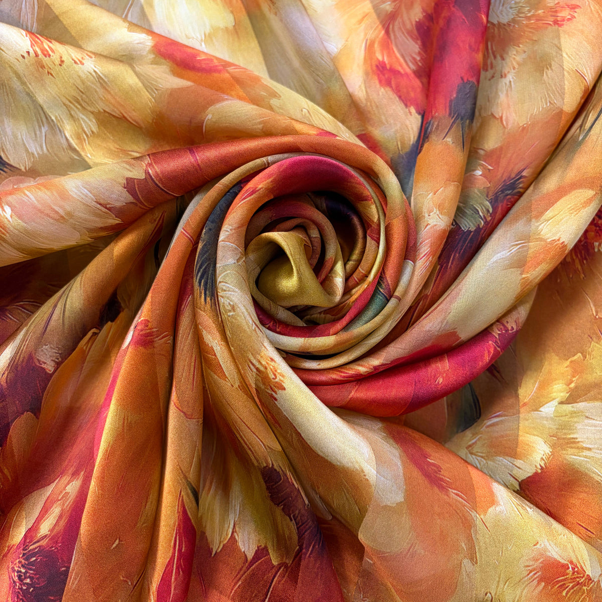 SUNDARI : Bande satin imprimé floral automnal orange brûlé, terracotta et doré