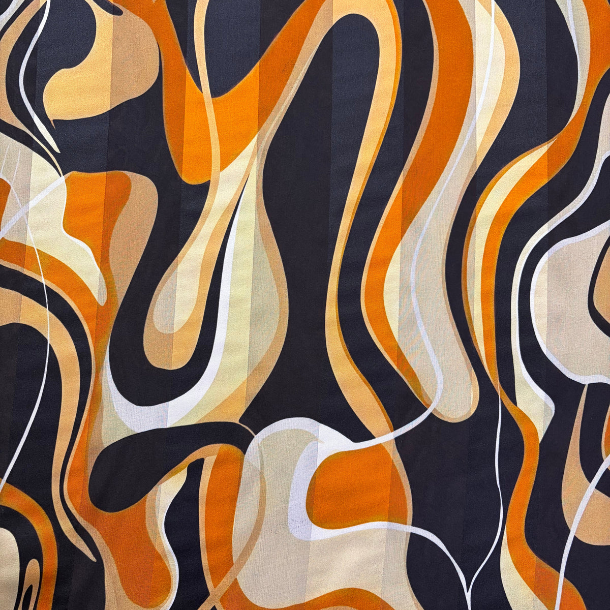 ZAFIRA: Bande satin imprimé graphique rétro noir, orange brûlé et beige