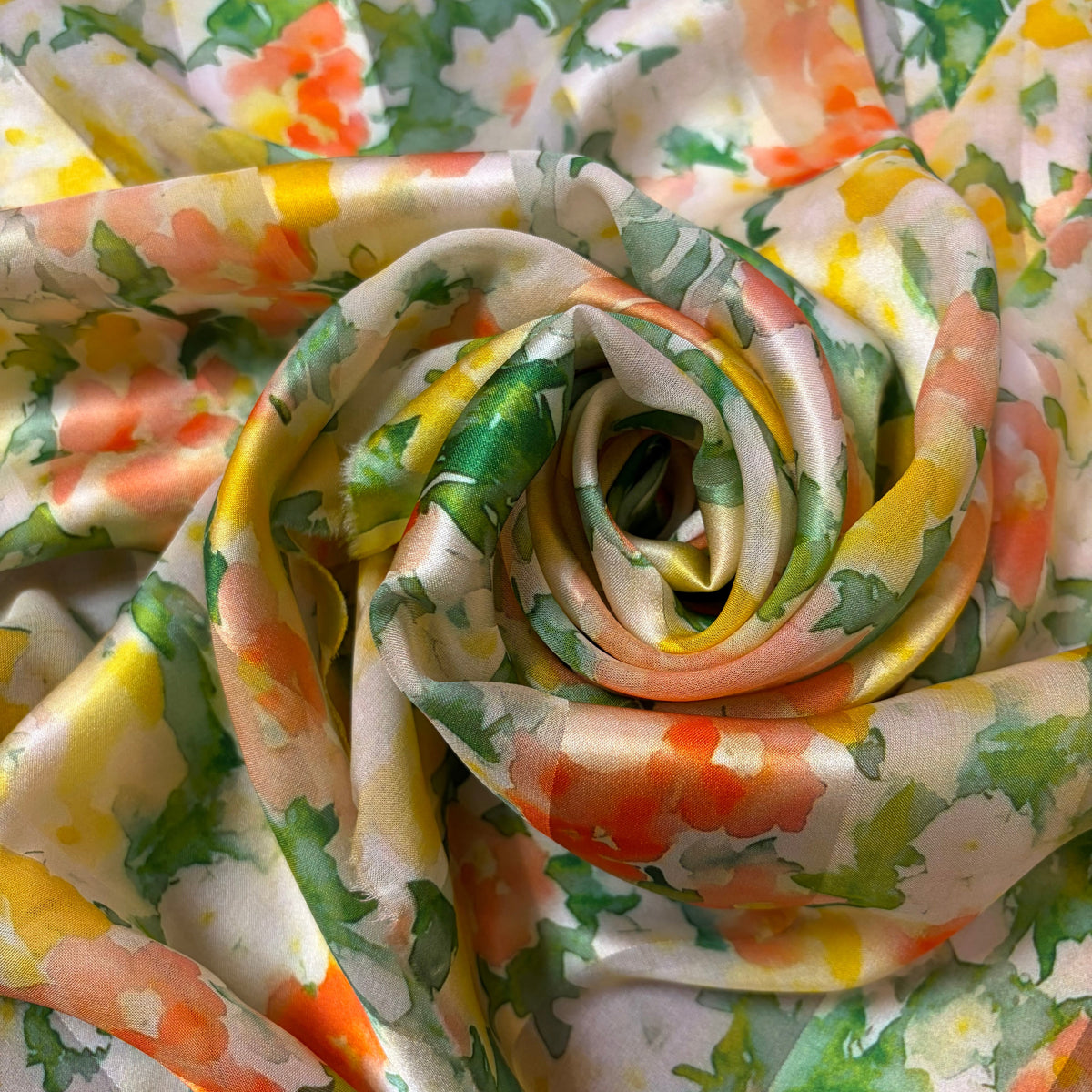 YUZUKI : Bande satin imprimé floral jaune soleil, corail et vert feuillage