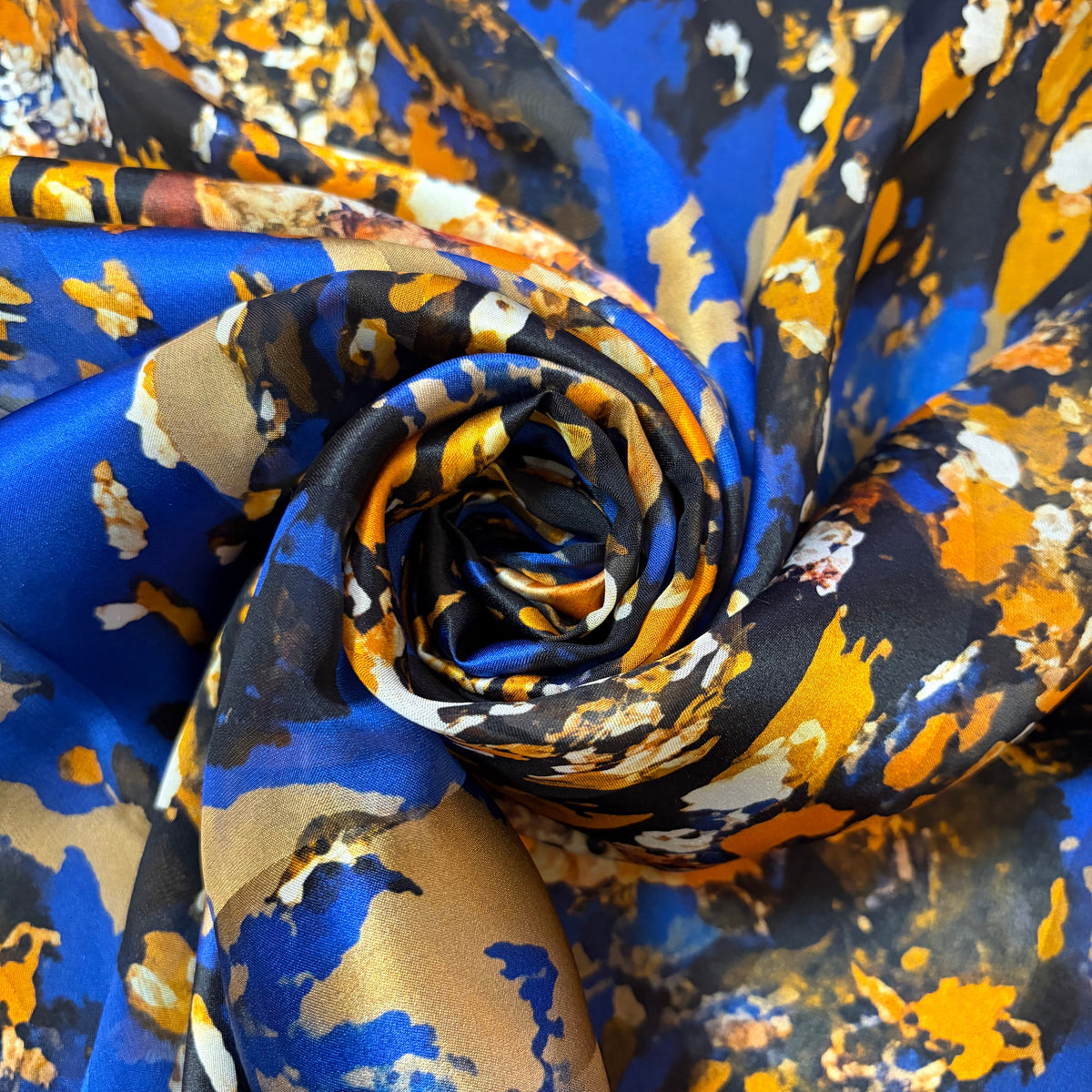 IMANI : Bande satin imprimé abstrait bleu électrique, noir et ocre doré