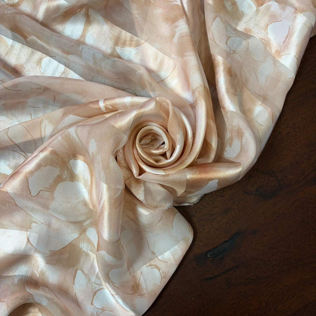 TAMSIN : Bande satin imprimé floral beige sable, taupe et ivoire