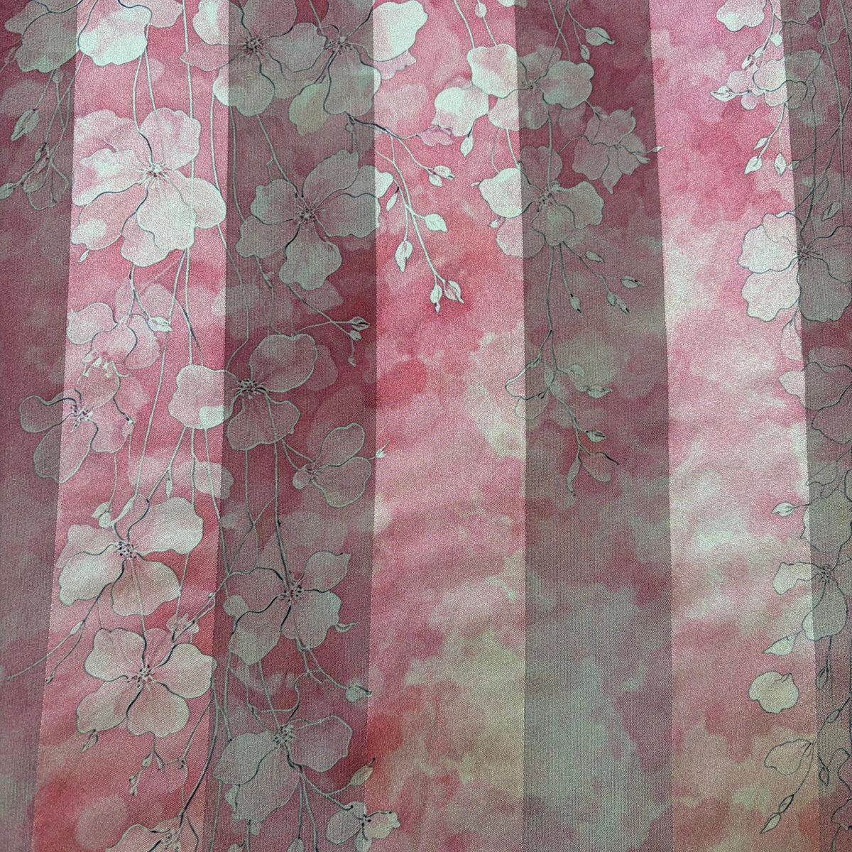 HANAMI : Bande satin imprimé floral rose poudré, rose dragée et ivoire