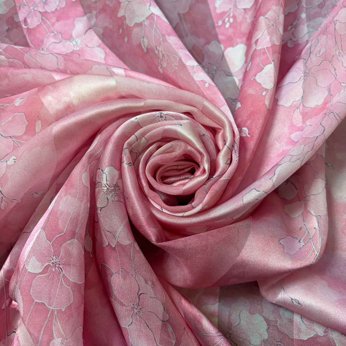 HANAMI : Bande satin imprimé floral rose poudré, rose dragée et ivoire