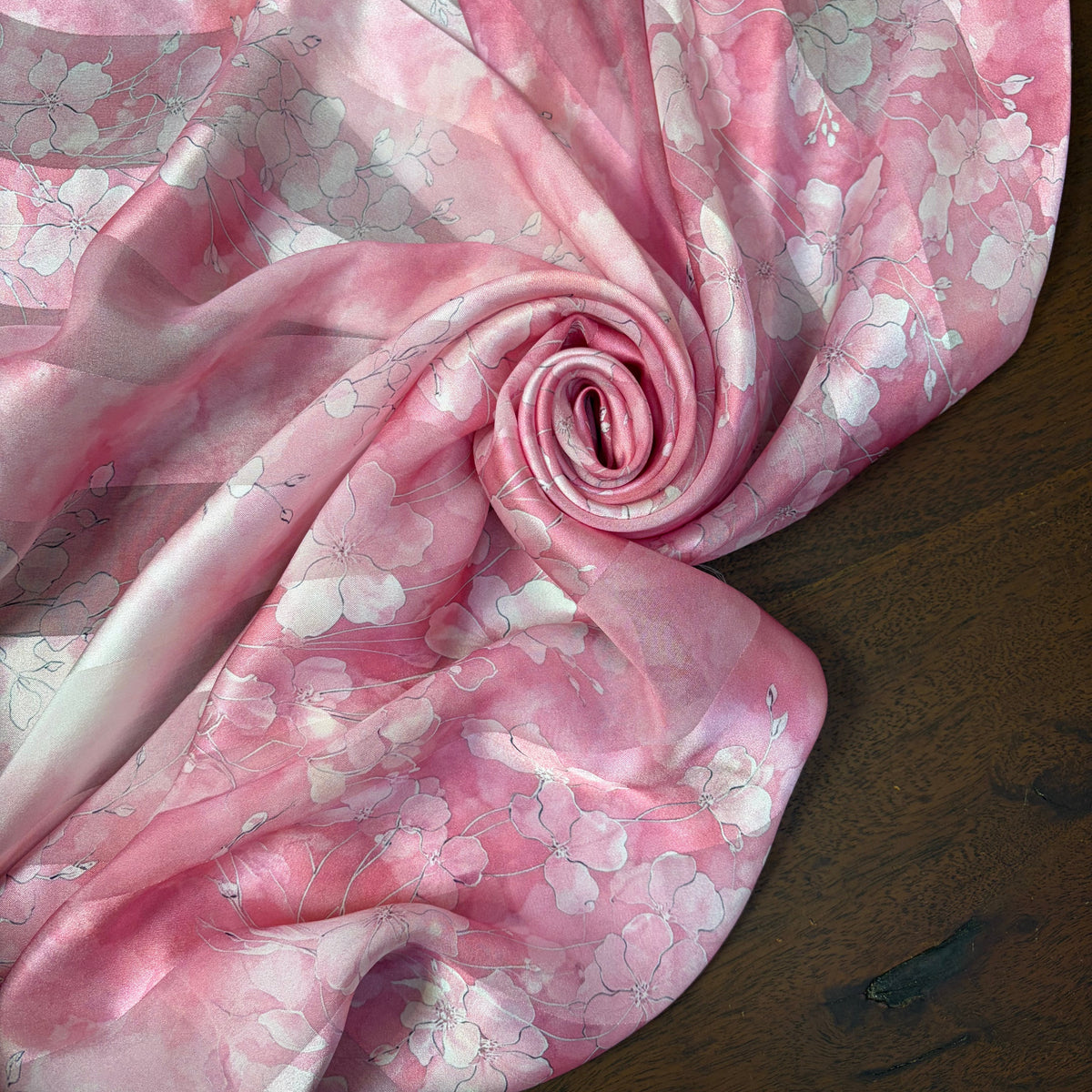 HANAMI : Bande satin imprimé floral rose poudré, rose dragée et ivoire